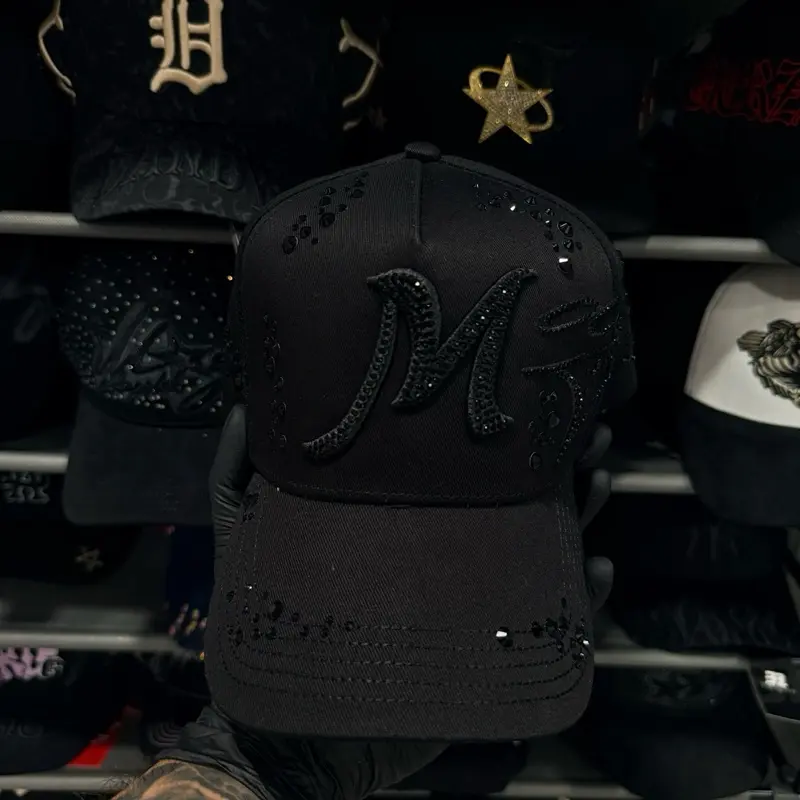 Unisex Mago Total Black Cap, Featuring Embellished M Logo with Rhinestone Details, Ideal for Stylish Outfits