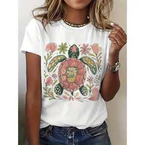 Women's Bohemian Tropical Sea Turtle & Sea Turtles Print T-Shirt - Short Sleeve Round Neck Casual Beachwear Top with Turtle Patterns, Spring Summer Fall Outfits, Machine Washable for easy care (Turtle Style Clothing)