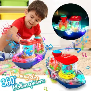 Electric Toy Boat with Transparent Gears, Automatic Obstacle Avoidance, Colorful Lights and Music, Realistic Landboat, No Batteries Included