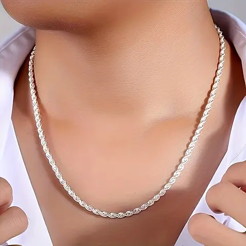 Women's 925 Sterling Silver 2-Piece Twisted Rope Chain Necklace and Bracelet Set - Basic Adults' Non-Mosaic Non-Plated Jewelry, Classic Unisex Accessory for Daily Outings or Gifting, Accessories Adults