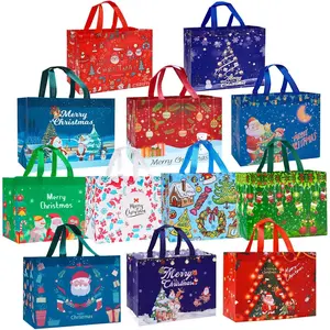 12 Pack Christmas Gift Bags Large Reusable Tote Bags, Non-Wove Bags for New Year's Shopping, Christmas Surprise, Xmas Party Supplies,12.8"*9.8"*6.7"
