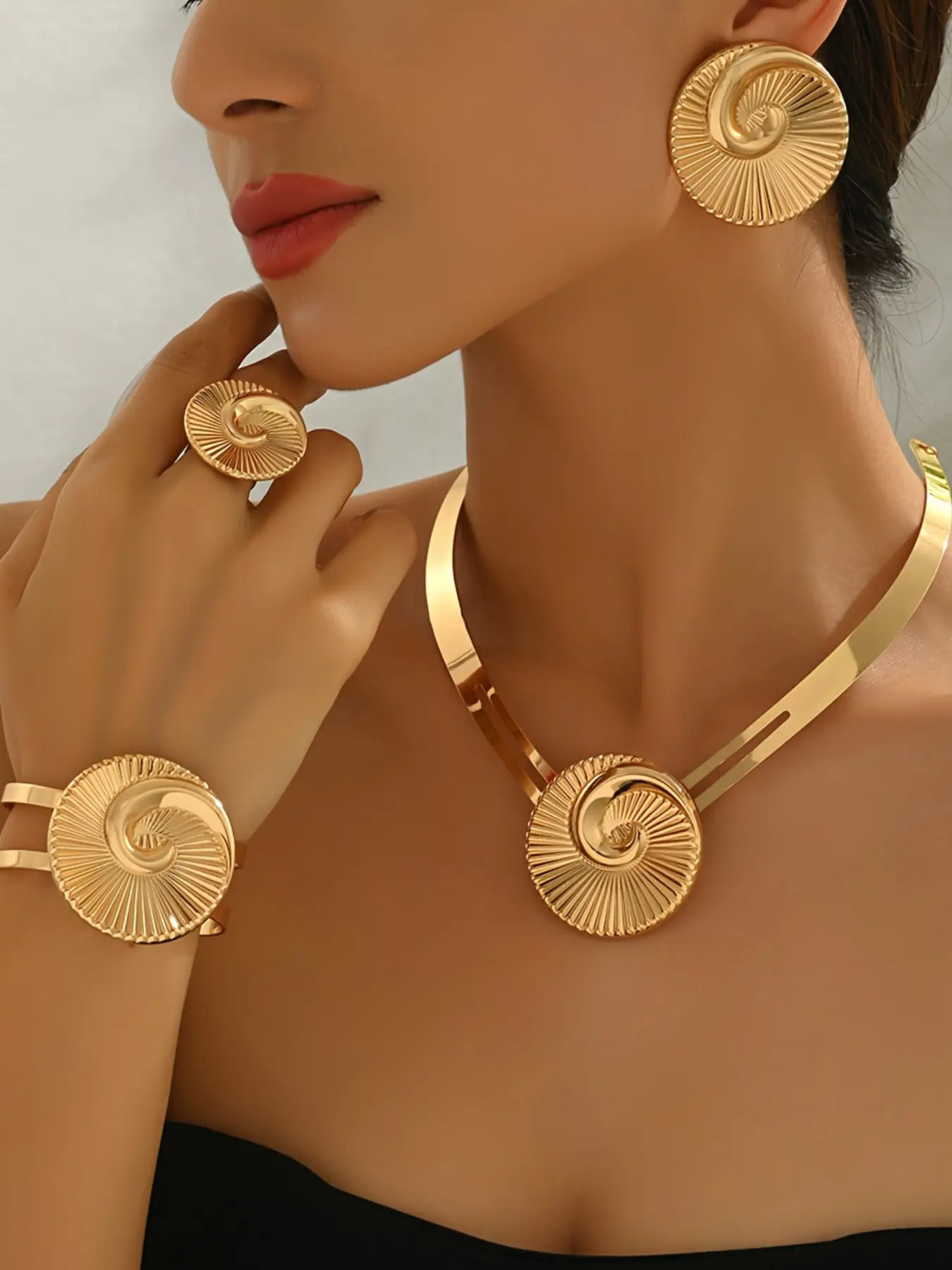 Mother's Day Gift Women's Jewelry Set, Jewellery Gift Set, Earring Necklace Ring Bracelet, Hoop Earring Sets, Geometric Spiral Design, Perfect Gift for Mother's Day & Daily Wear, Elegant Set