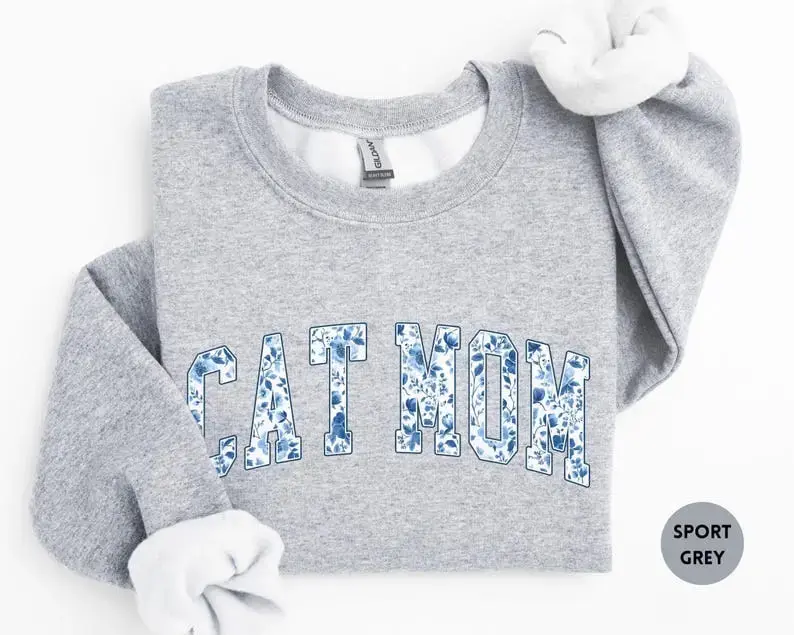 Gildan Women's Cat Mom Sweatshirt with Floral Print, Soft Cotton Casual Pullover, Round Neck Tops for Everyday Style, Printed, Unisex Wear, Lady, Crew Neck, Pull On, Hoodie