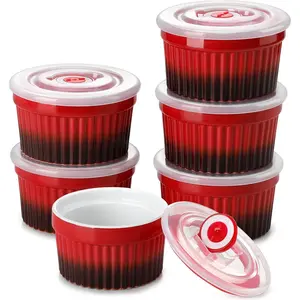 8 oz Ramekins with Lid, Porcelain Creme Brulee Souffle Dishes, Red Pudding Custard Cups Ramiken for Baking, Dishwasher and Oven Safe, Set of 6