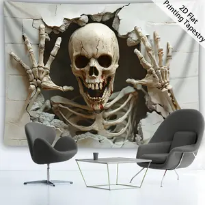 [ 2D Flat Printing] 1pc- Ultra large size- Halloween Skeleton Hole Wall - HD Digital Printing Huge Tapestry- Polyester- Home Decoration- with Free Hanging Clips