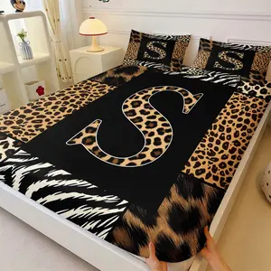 Boho Animal Print Custom Initial Fitted Sheet Set, 1 Fitted Sheet + 1/2 Pillowcases, Black Leopard & Zebra Print Bedding, Ultra-Soft Microfiber Bed Linen, Perfect Personalized Gift for Women