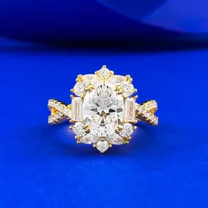 S925 Sterling Silver Pigeon Egg Oval Golden Plated 7*9mm 6A Cubic Zirconia Ring-451