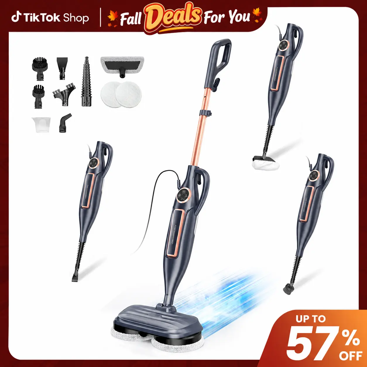 [DealsForYou]DEVOAC VM6 Electric Rotating Steam Mop-10-in-1 Eco-Friendly Antibacterial Deep Cleaning House Supplies, 3 Steam Levels, 5m Cord, Fast Heat-Up, Attachments for Laminate Floors, Kitchen Tiles, Grease & Grime Remover, Floor Cleaner for Home Use