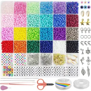 Glass Seed Beads Kit with 144 Colors, Includes Charms and Letters for Friendship Bracelet Making 3425pcs 4mm one size