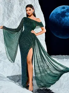 Women's Glitter Sequins Asymmetrical Neck Dress, Elegant Split Thigh Maxi Dress for Evening Party Formal Wear, Ladies' Clothes for All Seasons