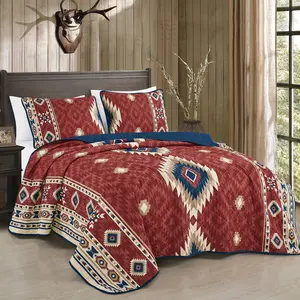 3 Piece Reversible Bedspread Set, Southwestern Quilt Bedding Set with Geometric Tribal Pattern, Soft Lightweight Coverlet with 2 Pillow Shams, Queen King