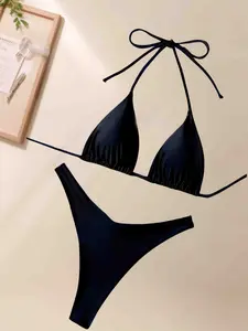 Women’s Fashion Solid Color Sexy Hot Girl Slim Fit Two-Piece Bikini Swimsuit Set for Beach Vacation and Casual Swimming