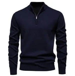 Men's Autumn Winter Quarter Zip Slim Fit Lightweight High Neck Pullover Casual Boston Wool Classic Polyester Long Sleeve Men's Shirt Elegant Knitted Collar Sweater Navy Black Dark Gray Beige