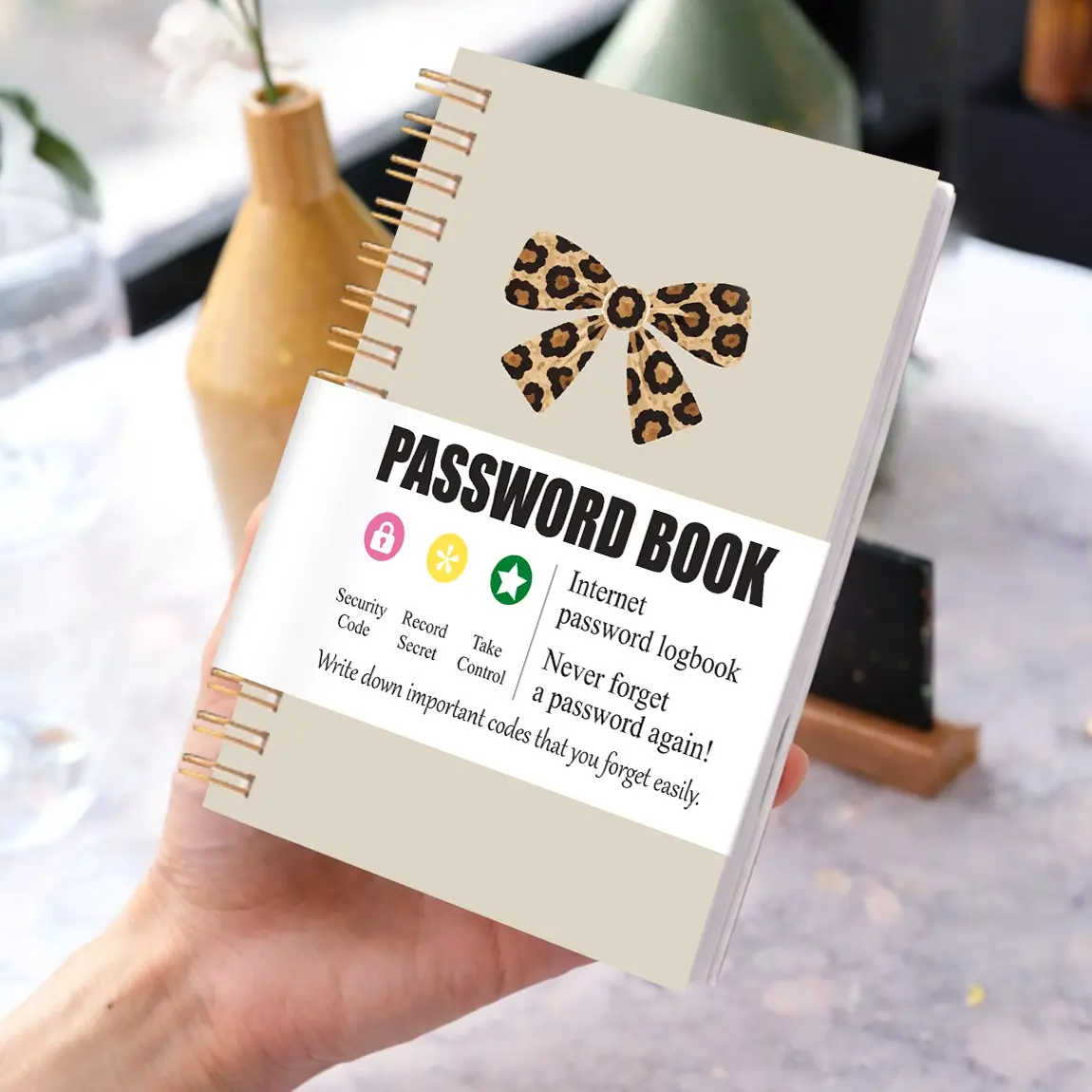 Leopard Print Bow Aesthetic Password Storage Notebook Journal Organizer A6 Portable Spiral Coil Account Record Book, Password Directory, Birthday Memo, Emergency Contact Handbook, Portable Diary, Stationery Office Supplies
