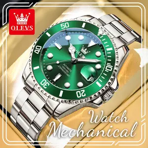OLEVS 6650 Diver Style Automatic Mechanical Men Watch, 41mm Green Dial with Oversized Big Date Window, Rotatable Bezel Luminous Hands Waterproof Polished Stainless Steel Business Outdoor Wristwatch, Premium Father’s Day & Birthday Gift for Him