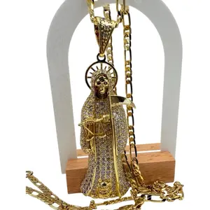 Santa Muerte Gold Plated Pendant with 24" Necklace White Rhinestones New 3.5 Inch Pendant 24 Inch Chain Luxury Gift