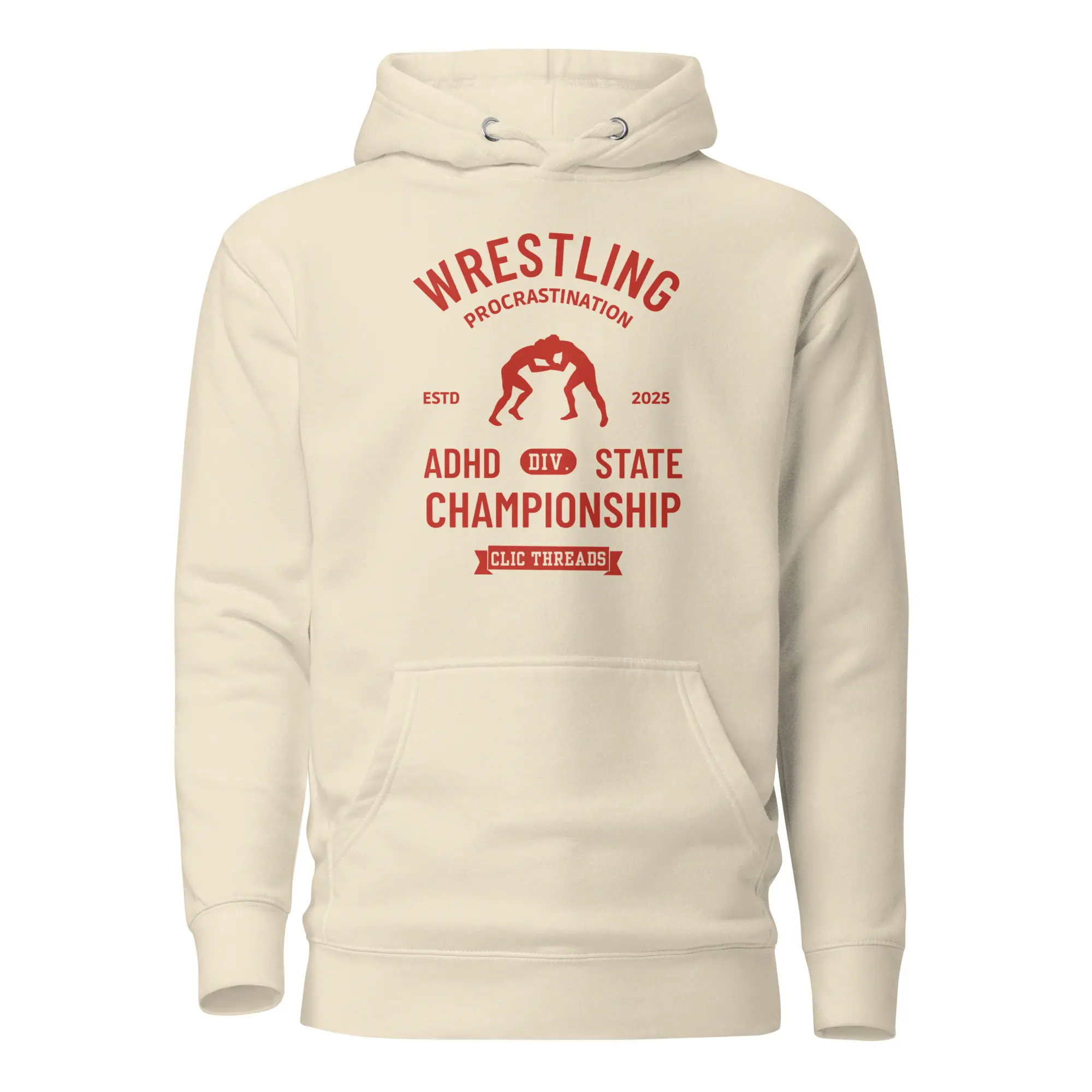 'Wrestling Procrastination' ADHD (red h) Unisex Hoodie; From CLIC Threads - Therapist Approved ‘Sasswear for Healing Humans’