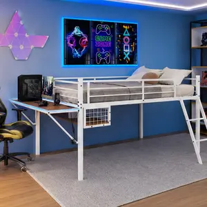 ARCH Full Size Metal Loft Bed with Built-in Desk and LED Light Strip, White Iron Bed Frame with Safety Guardrails, Inclined Ladder, Under-Bed Storage, No Box Spring Needed, 400 lb Capacity, for Kids Teens Bedroom Dormitory Small Apartment Guest Room