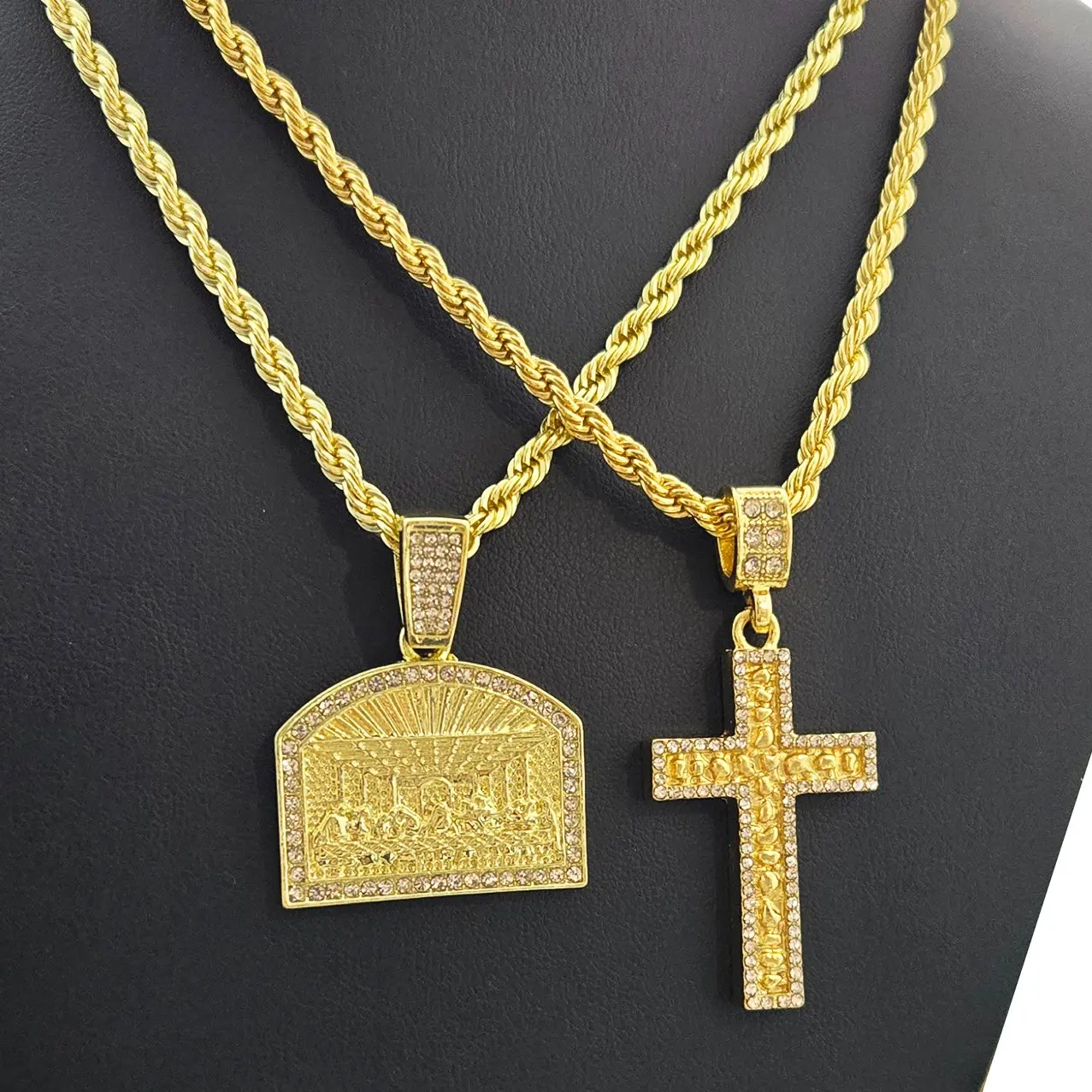 MaxBling81 Gold Plated Classic Cross Pendant Necklace - Iced Cubic Zirconia Last Supper Design, 4mm 24" Textured Rope Chain, Unisex Chunky Statement Hip Hop Cuban Costume Jewelry, Faith-Based Fashion Daily Wear
