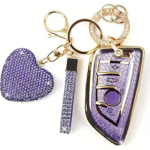 Keychain Protector Cover with Water Drill Key Chain, Car Key Case Shell, Car Key Holder for Bmw X Series & Intelligent Remote Keys, Women's 3-Button Heart Design, Car Key Accessory