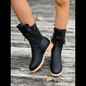 Women's Fashionable Solid Color Lace Up Front Ankle Boots, Casual Comfortable Round Toe Boots for Daily Wear, Trendy All-match Boots for Women & Girls, Walking Shoes Footwear Rubber