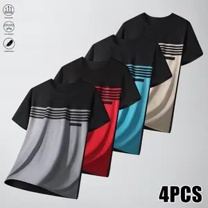 4PCS Men’s Striped Short-Sleeve T-Shirts – Solid color with striped design, breathable crew neck casual summer short-sleeve shirts featuring vertical striped cuffs, machine washable, versatile casual wear for beach, office, and semi-formal occasions, summ