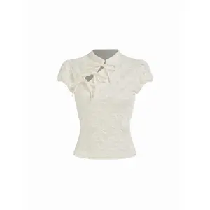 Cider Lace Floral Stand Collar Bowknot Short Sleeve Top