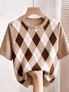 Classic Diamond Knitwear Top, Round Neck, Loose Fit, Vintage Style, Geometric, Casual Daily Wear, Commuter Friendly, Fruits Pattern, No Ca Prop 65 Warning, Womenswear