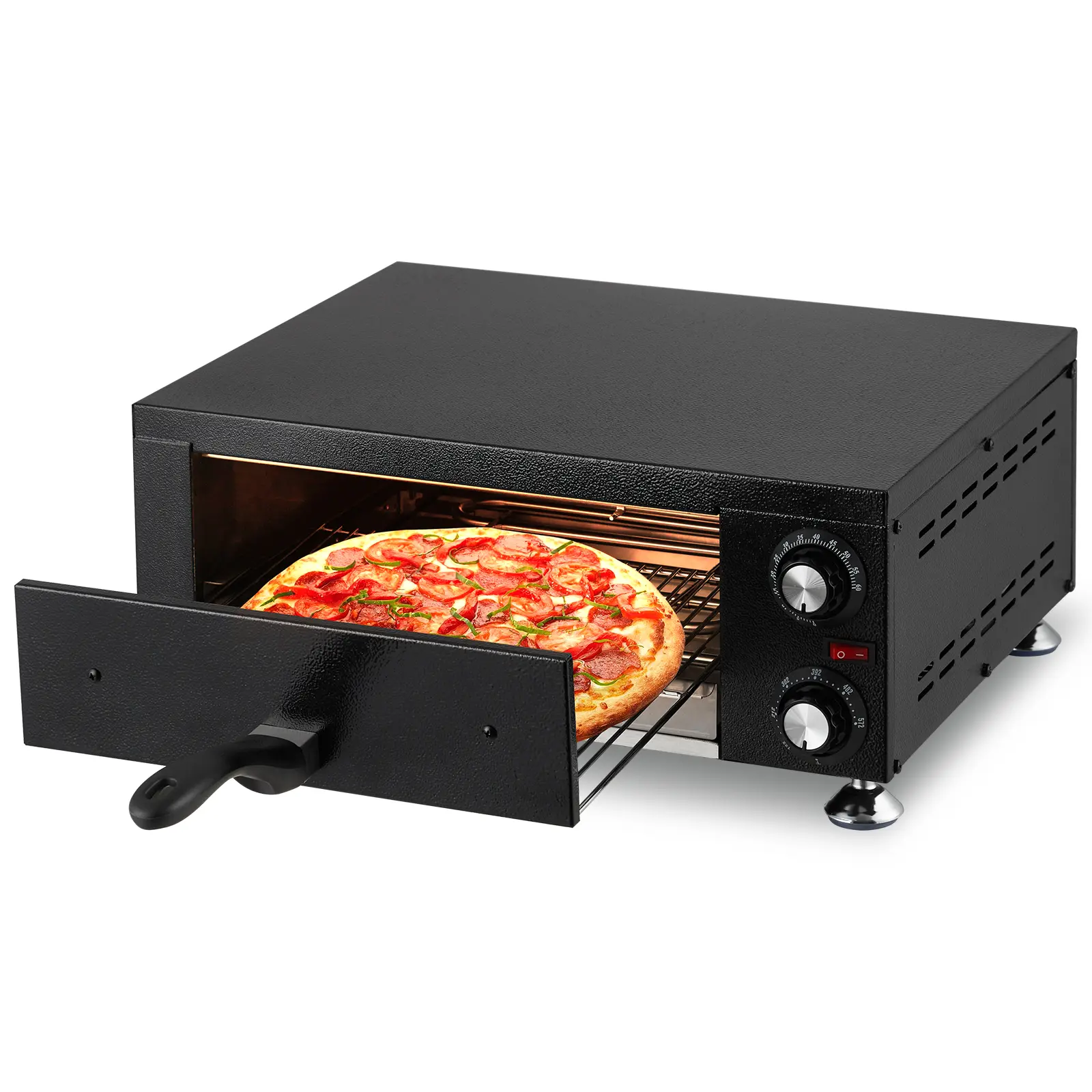Professional Electric Pizza Oven – 12-Inch Countertop Pizza Maker, 1100W Single Deck, Stainless Steel, Removable Crumb Tray, Timer, Commercial-Grade, Ideal for Home Kitchens, Restaurants, and Food Trucks