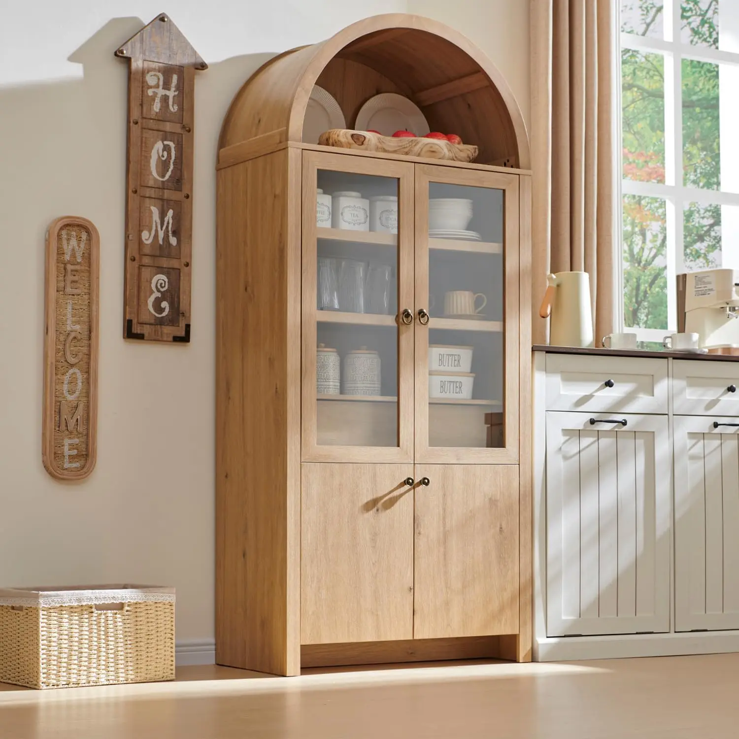 IFGET 71" Tall Arched Kitchen Pantry Cabinet, Modern Farmhouse Kitchen Storage Cabinets with Open & Adjustable Shelves, Hidden Drawer & Glass Door, Versatile Cupboard for Kitchens, Dining Room,Natural