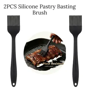 2PCS Silicone Pastry Basting Brush Set Heat Resistant BPA Free Food Grade Kitchen Brush for Baking Cooking BBQ Grilling, Oil Butter Sauce Brush with Stainless Steel Core Handle, Dishwasher Safe Black 10in & 8in