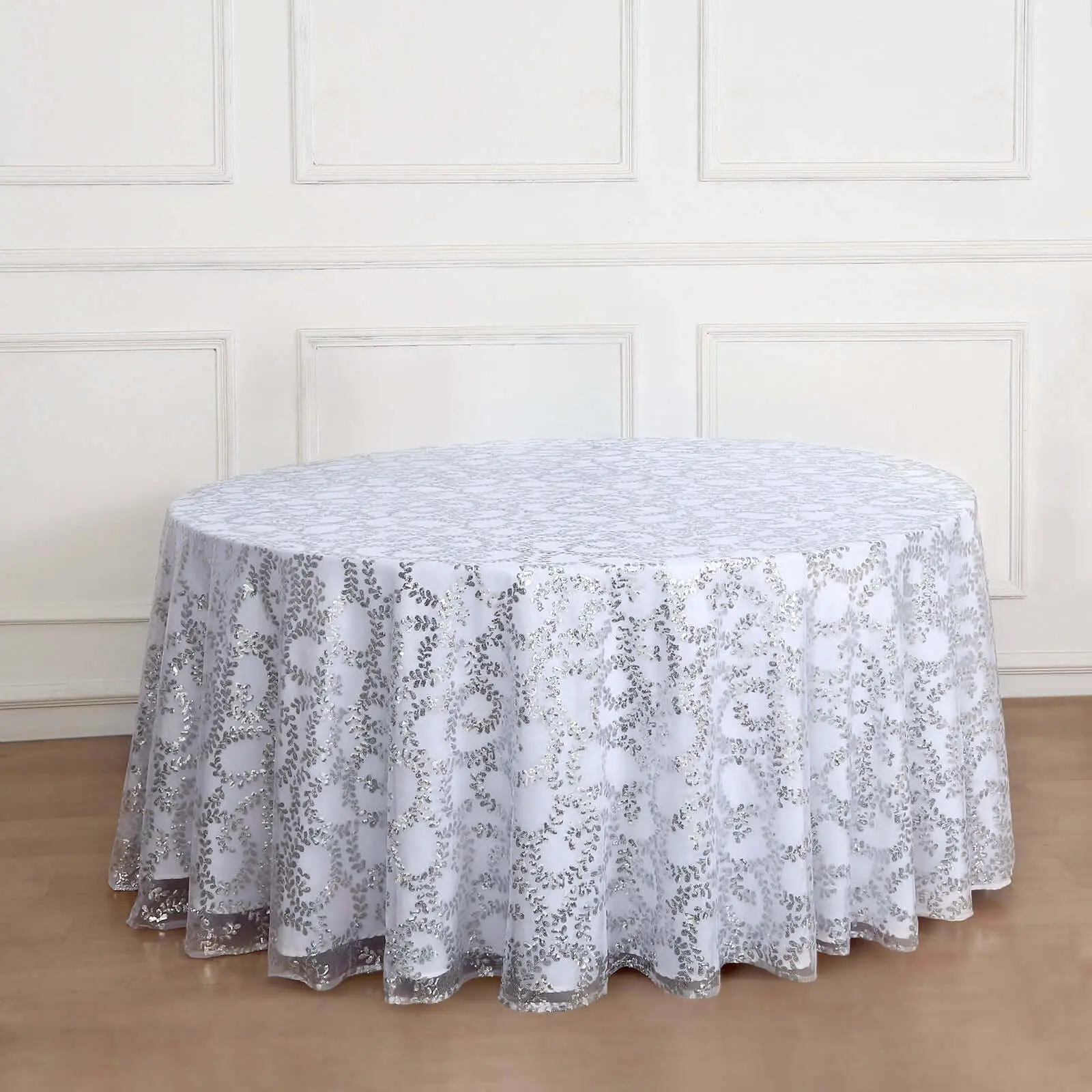 120-in Silver Sequin Leaf Embroidered Seamless Sheer Tulle Round Tablecloth - Wedding Large Outdoor Tablecloth for Outdoor Furniture, Large Outdoor Tablecloths