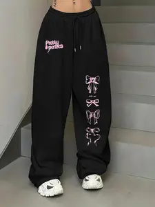 Women's Bow Print Drawstring Waist Sweatpants, Casual Comfy Jogger Pants for Daily Wear, Ladies Bottoms for Summer