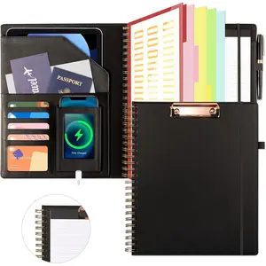 Clipboard with Storage for Men Women, Leather Padfolio Portfolio Organizer 5 Folders with 10 Pockets, Spiral Clipboard Folio with Notepad for Letter Size, Elastic Closure and Pen Loop Black