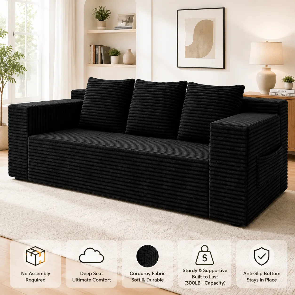 Minimalist Plush L-Shaped Sectional Sofa - Soft Corduroy, Deep Seat, No Assembly Required, Perfect for Small Spaces