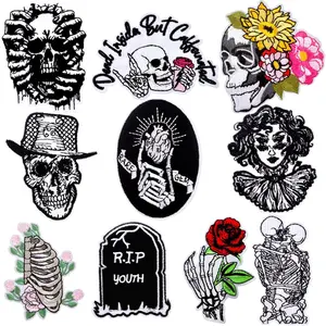 10 PCS Goth Embroidered Iron-On Patches for Clothes Funny Punk Horror Skull Skeleton Hand Finger Rose Flower Sewing Appliques Accessories for Clothes Hat Backpack Jeans Jackets