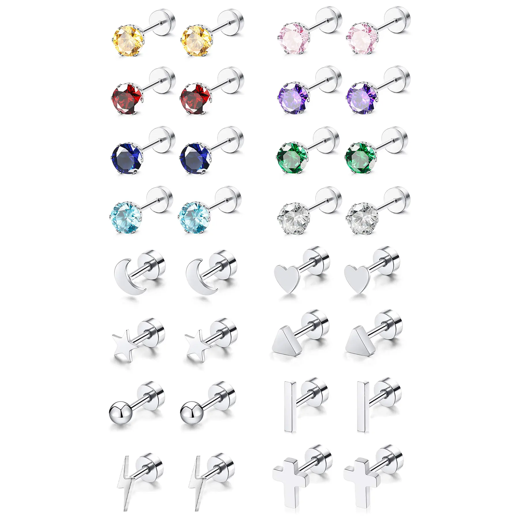 OIDEA 16-Pair 316 Stainless Steel Non Tarnish Earrings Set for Women, Helix Piercing CZ Star Heart Moon Cross Lightning Hoop Studs, Heart-Shaped Statement Artistic Cartilage Earrings, Helix Piercing Earrings