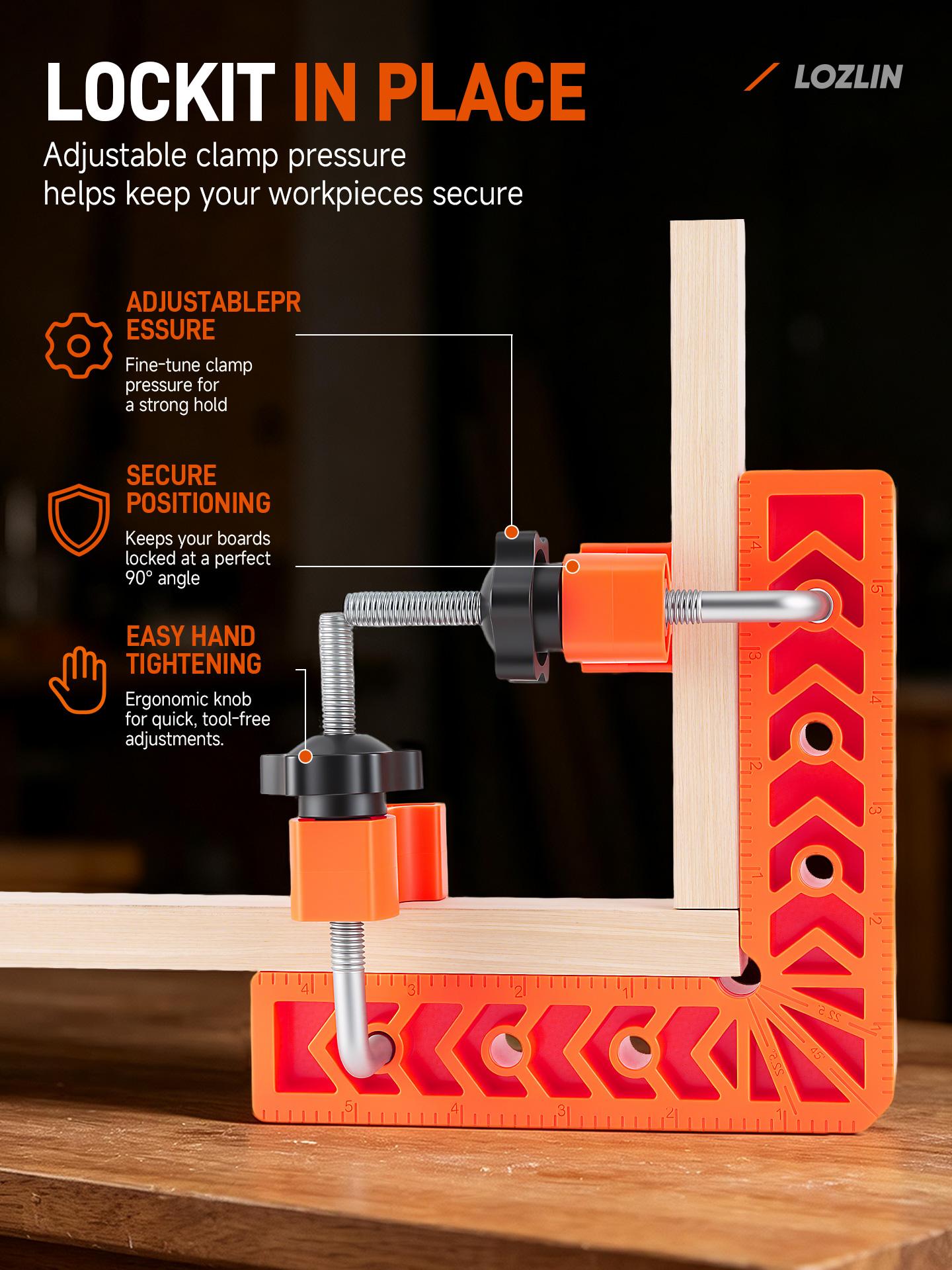 4PCS Right Angle Clamp Kit – for picture frames, boxes, Furniture, Home, cabinets or drawers & stone positioning; multi-surface adjustable fastening tool