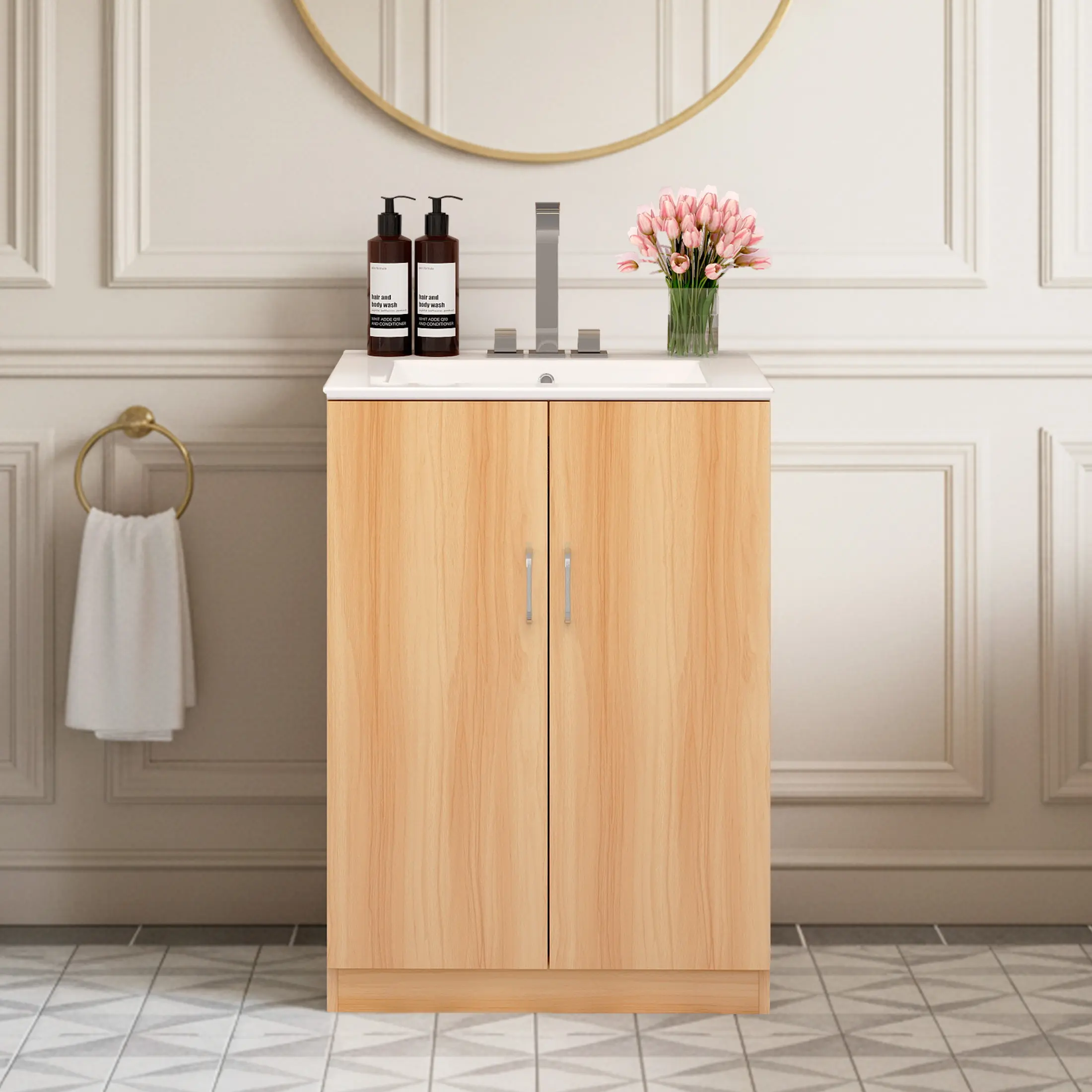 Sweetcrispy 24" Modern Freestanding Wood Cupboard - Drawer-Equipped, Compartmentalized, Multi-Purpose Floor Cabinet, Wooden Bathroom Storage Combo with Undermount Ceramic Basin, 2 Doors, 1 Inner Drawer, Quick-Install Design, Drawer-Equipped Floor Cabinets