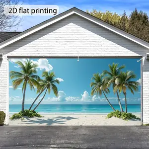 A vibrant Hawaiian tropical beach garage door banner - using two-dimensional screen printing technology, featuring palm trees and ocean scenes. A durable decoration suitable for outdoor activities, requiring no electricity. wwx