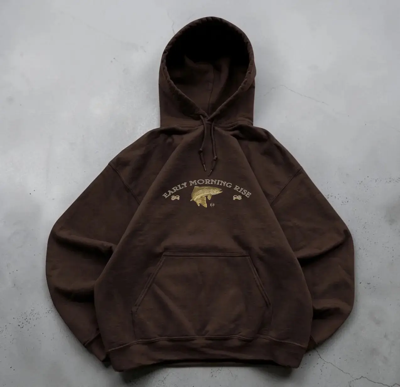 Brown Fishing Graphic Hoodie, Early Morning Rise Trout Hoodie, Vintage Style Outdoor Streetwear, Cabin Core Outfit, Earth Tone Fall Hoodie, Cozy Lake Trip Pullover, Baggy Fit Skater Layer, Fisherman Gift, Outdoorsy Casual Hoodie