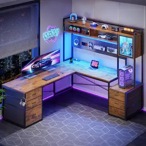 SEDETA L Shaped Gaming Desk with Drawers, Reversible Computer Corner Desk with File Drawer, Hutch, Storage Shelves for Home Office, Gaming Two Person Desk with Led Lights, Power Outlet