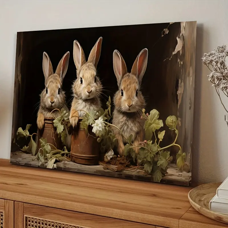 Bohemian Easter Bunny Floral Canvas Wall Art with Pine Wood Decorative Frame - Ready to Hang Boho Farmhouse/Rustic Farmhouse Decor for Living Room, Bedroom, Floral Artwork Prints Home Decor, Boho Farmhouse Prints