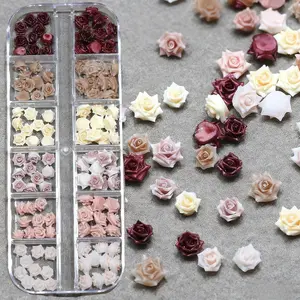 12 Grids 120 Pcs 3D Rose Nail Charms Set, Mixed Resin Flower Nail Gems, Professional Nail Art Supplies for Valentine's Day Gift