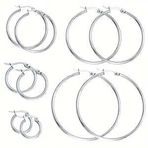 Set Of 5 Pairs Of Stainless Steel Classic Earrings, Fashionable Exaggerated Large Hoop Earrings, Titanium Steel Round Circle Ear Hooks, 10 Pieces Of Jewelry