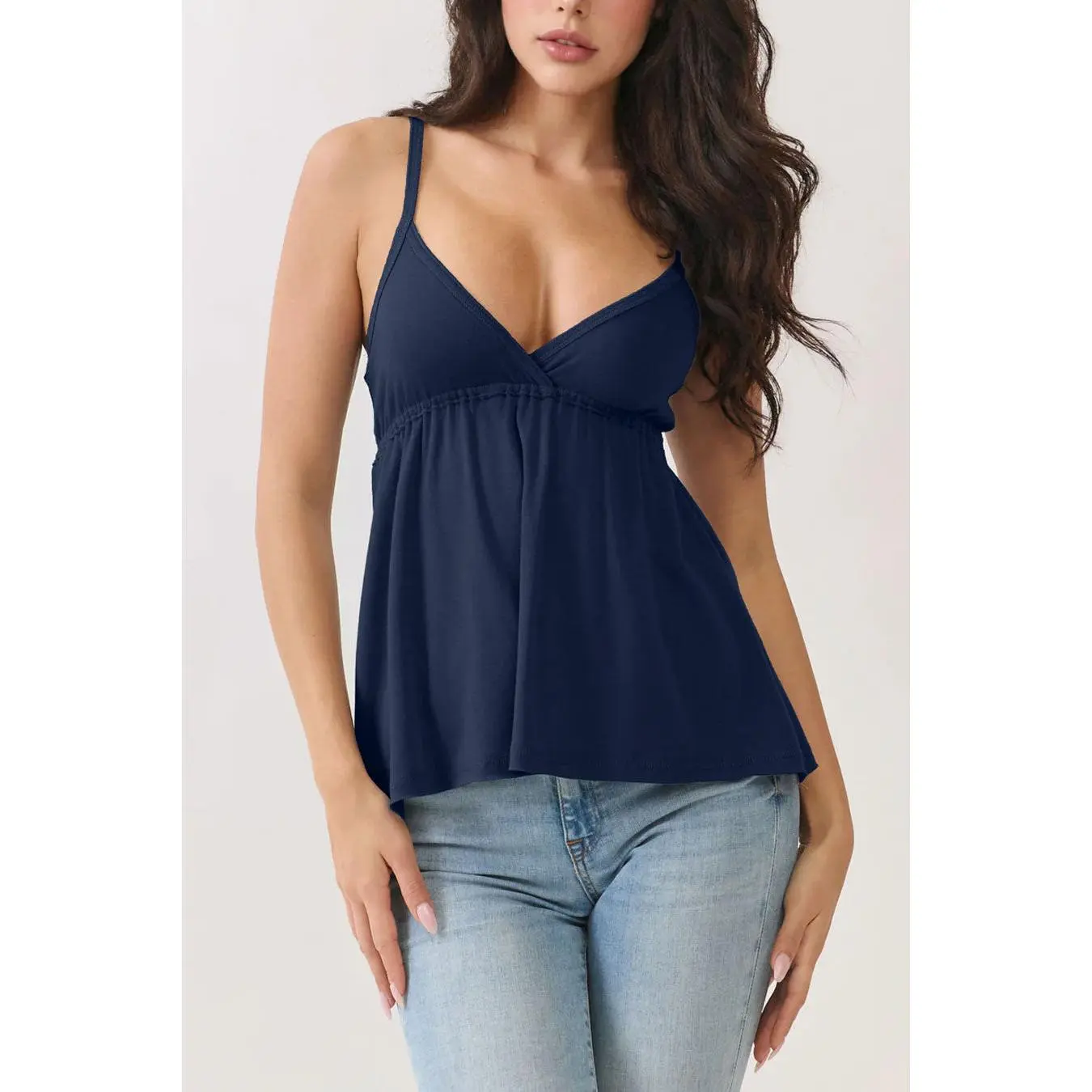 2000s Basic V-Neck Babydoll Cami Top with Overlock Stitch Detail