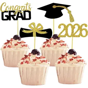 2026 Graduation Cupcake Toppers, 48 PCS Food/Appetizer Picks For Graduation Party Mini Cake Decorations, Diploma, 2026, Grad Cap Set 48 Pieces (01 Gold)