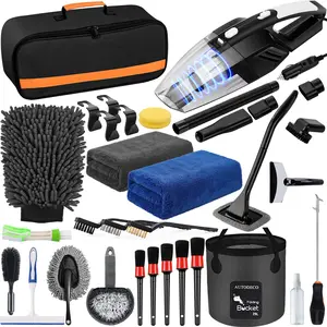 34Pcs High-Power Car Cleaning Kit - Handheld Vacuum, Foldable Bucket, Snow Shovel, Tire Brush, Chemical-Free Car Care Tools