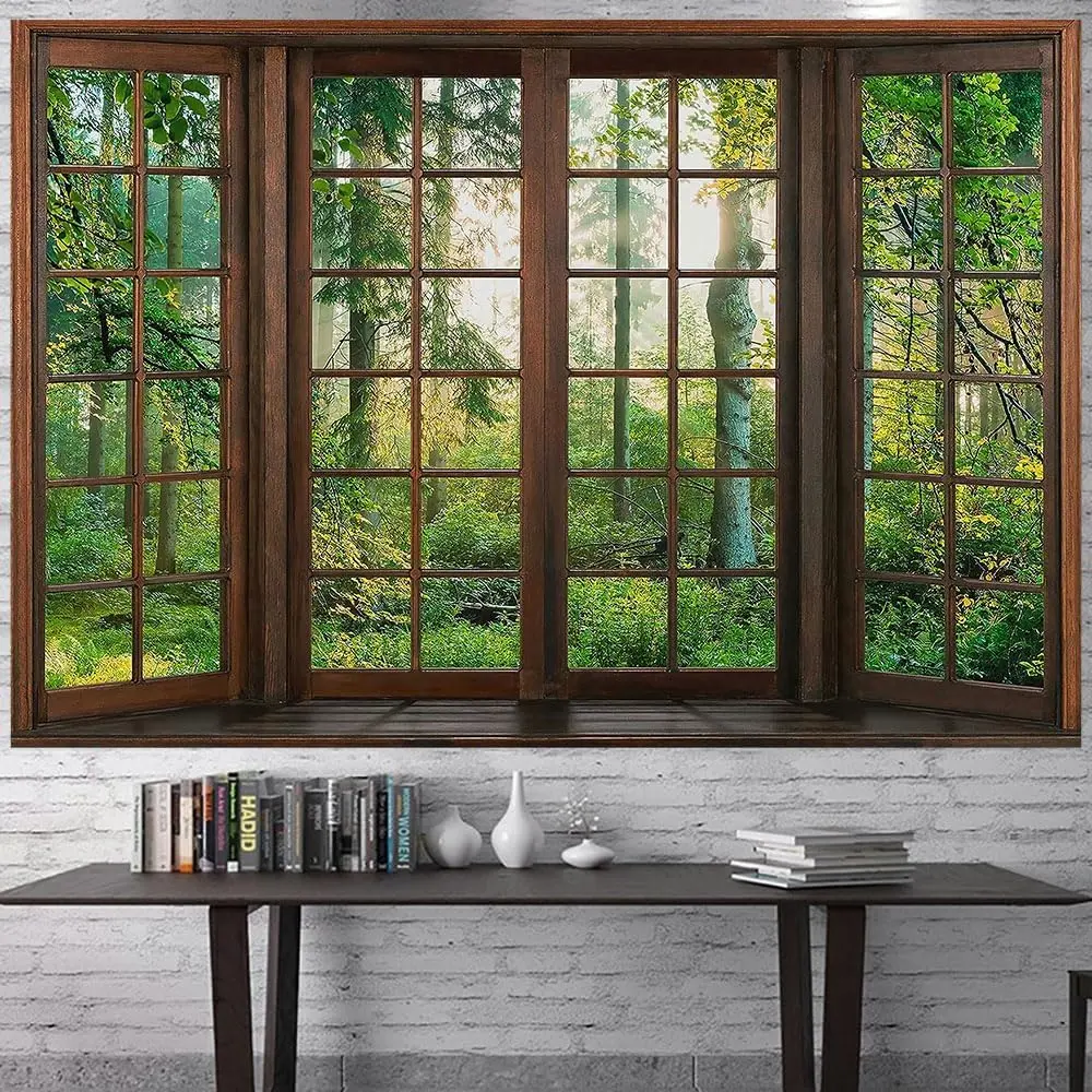 Green Forest Landscape Tree Tapestry - Flannel Home Interior Decor, 93" L x 60" W Wall Hanging for Bedroom, College Dorm