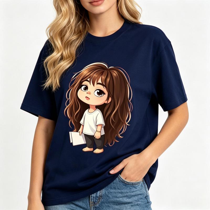 Women's Pure Cotton Loose-Fit Dark Blue Crew Neck Short Sleeve T-Shirt - Breathable Fabric, Cute Curly Hair Holding Papers Confused Character Print, Kawaii Y2K Aesthetic Streetwear, Beach Summer Casual Top